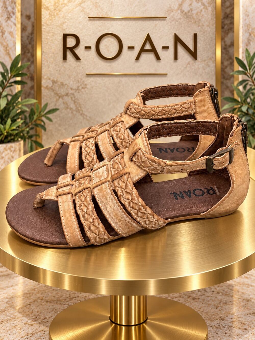 ROAN Posey Tan Leather Braided Gladiator Flat Sandals Women’s 8.5